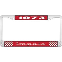 1973 IMPALA RED AND CHROME LICENSE PLATE FRAME WITH WHITE LE