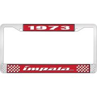 1973 IMPALA RED AND CHROME LICENSE PLATE FRAME WITH WHITE LE