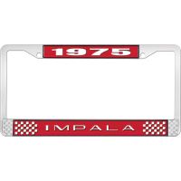 1975 IMPALA RED AND CHROME LICENSE PLATE FRAME WITH WHITE LE