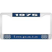 1975 IMPALA  BLUE AND CHROME LICENSE PLATE FRAME WITH WHITE