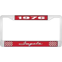 1976 IMPALA RED AND CHROME LICENSE PLATE FRAME WITH WHITE LE