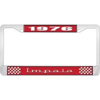1976 IMPALA RED AND CHROME LICENSE PLATE FRAME WITH WHITE LE