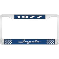 1977 IMPALA  BLUE AND CHROME LICENSE PLATE FRAME WITH WHITE