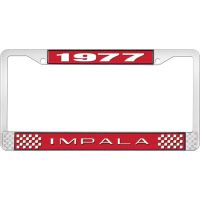 1977 IMPALA RED AND CHROME LICENSE PLATE FRAME WITH WHITE LE