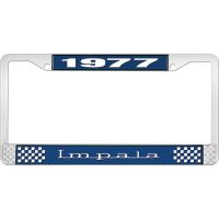 1977 IMPALA  BLUE AND CHROME LICENSE PLATE FRAME WITH WHITE
