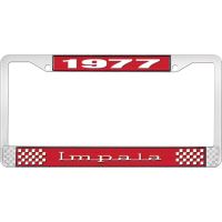 1977 IMPALA RED AND CHROME LICENSE PLATE FRAME WITH WHITE LE