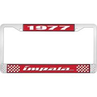 1977 IMPALA RED AND CHROME LICENSE PLATE FRAME WITH WHITE LE