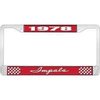 1978 IMPALA RED AND CHROME LICENSE PLATE FRAME WITH WHITE LE