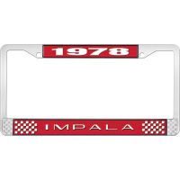 1978 IMPALA RED AND CHROME LICENSE PLATE FRAME WITH WHITE LE