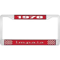 1978 IMPALA RED AND CHROME LICENSE PLATE FRAME WITH WHITE LE