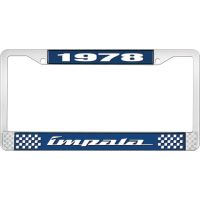 1978 IMPALA  BLUE AND CHROME LICENSE PLATE FRAME WITH WHITE