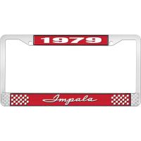 1979 IMPALA RED AND CHROME LICENSE PLATE FRAME WITH WHITE LE