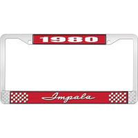 1980 IMPALA RED AND CHROME LICENSE PLATE FRAME WITH WHITE LE