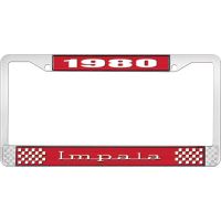 1980 IMPALA RED AND CHROME LICENSE PLATE FRAME WITH WHITE LE