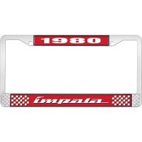 1980 IMPALA RED AND CHROME LICENSE PLATE FRAME WITH WHITE LE