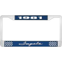 1981 IMPALA  BLUE AND CHROME LICENSE PLATE FRAME WITH WHITE