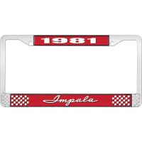 1981 IMPALA RED AND CHROME LICENSE PLATE FRAME WITH WHITE LE