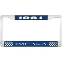 1981 IMPALA  BLUE AND CHROME LICENSE PLATE FRAME WITH WHITE