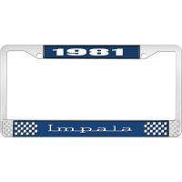 1981 IMPALA  BLUE AND CHROME LICENSE PLATE FRAME WITH WHITE