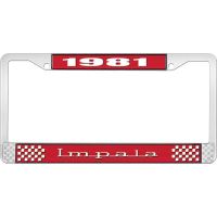 1981 IMPALA RED AND CHROME LICENSE PLATE FRAME WITH WHITE LE