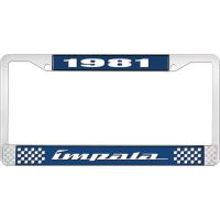 1981 IMPALA  BLUE AND CHROME LICENSE PLATE FRAME WITH WHITE