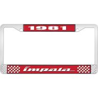 1981 IMPALA RED AND CHROME LICENSE PLATE FRAME WITH WHITE LE