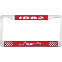 1982 IMPALA RED AND CHROME LICENSE PLATE FRAME WITH WHITE LE