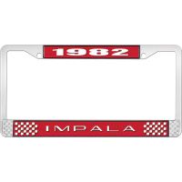 1982 IMPALA RED AND CHROME LICENSE PLATE FRAME WITH WHITE LE