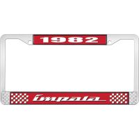 1982 IMPALA RED AND CHROME LICENSE PLATE FRAME WITH WHITE LE