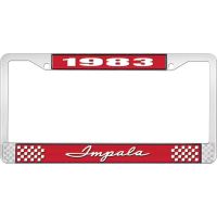 1983 IMPALA RED AND CHROME LICENSE PLATE FRAME WITH WHITE LE