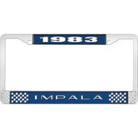 1983 IMPALA  BLUE AND CHROME LICENSE PLATE FRAME WITH WHITE