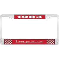 1983 IMPALA RED AND CHROME LICENSE PLATE FRAME WITH WHITE LE