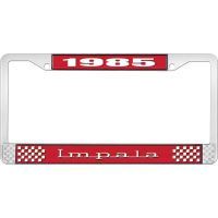 1985 IMPALA RED AND CHROME LICENSE PLATE FRAME WITH WHITE LE