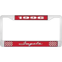 1996 IMPALA RED AND CHROME LICENSE PLATE FRAME WITH WHITE LE