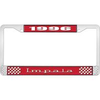1996 IMPALA RED AND CHROME LICENSE PLATE FRAME WITH WHITE LE