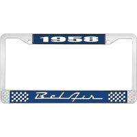 1958 BEL AIR BLUE AND CHROME LICENSE PLATE FRAME WITH WHITE