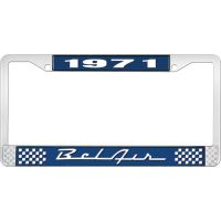 1971 BEL AIR  BLUE AND CHROME LICENSE PLATE FRAME WITH WHITE