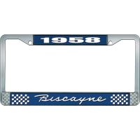 1958 BISCAYNE BLUE AND CHROME LICENSE PLATE FRAME WITH WHITE