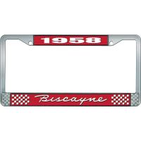 1958 BISCAYNE RED AND CHROME LICENSE PLATE FRAME WITH WHITE