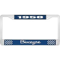 1958 BISCAYNE BLUE AND CHROME LICENSE PLATE FRAME WITH WHITE