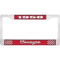 1958 BISCAYNE RED AND CHROME LICENSE PLATE FRAME WITH WHITE